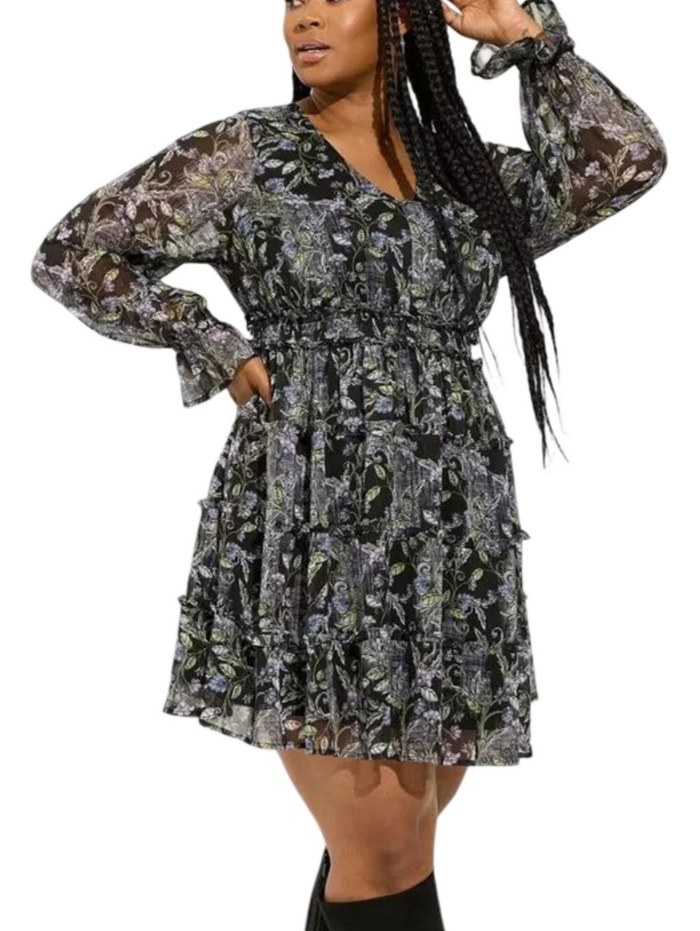 Torrid Black Floral Chiffon Smocked Waist Tiered Mini Dress Long Sleeve V-Neck